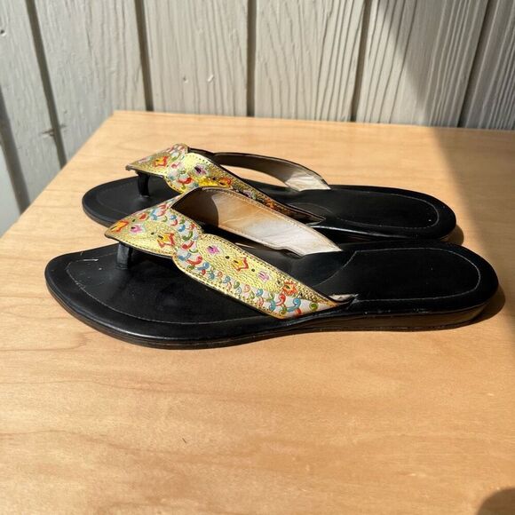 Vintage Indian Leather Sandals – Hand-Painted Gold Enamel – Size 7 - Picture 4 of 12